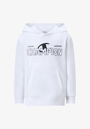 Biała bluza z kapturem z przednią kieszenią. Na piersi znajduje się wyraźne czarne logo "CHAMPION" oraz napis "Authentic Athleticwear".