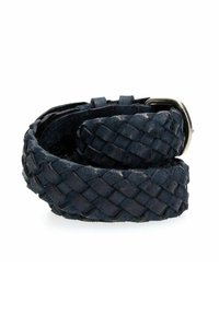 Bracciale per orologio in pelle intrecciata blu navy con fibbia metallica, caratterizzato da una superficie testurizzata e bordi arrotondati, progettato per comfort e durata.