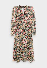 Vestido midi floral com mangas longas, fundo preto, padrão floral multicolorido, decote em forma de olho-chave e uma silhueta fluída.