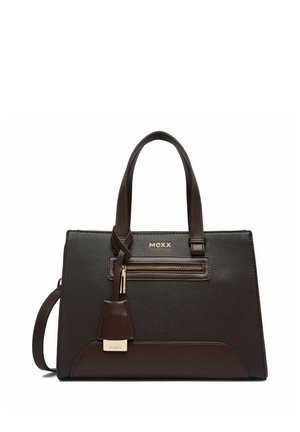 Sac à main en cuir marron foncé avec deux poignées, poche zippée à l'avant et logo Mexx doré au-dessus de la poche.