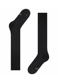 Schwarze Baumwollsocken mit verstärkter Ferse und Spitze, glatter Textur und geripptem Bündchen, gekennzeichnet für den linken und rechten Fuß.