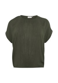 Oliven grøn kortærmet top i letvægtsstof med rund halsudskæring og afslappet pasform. Vertikal tekstur tilføjer subtil detalje.