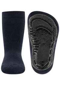Ein Paar marineblaue rutschfeste Socken, eine zeigt die Vorderseite und die andere die Sohle mit einem schwarzen Gummigriffmuster.