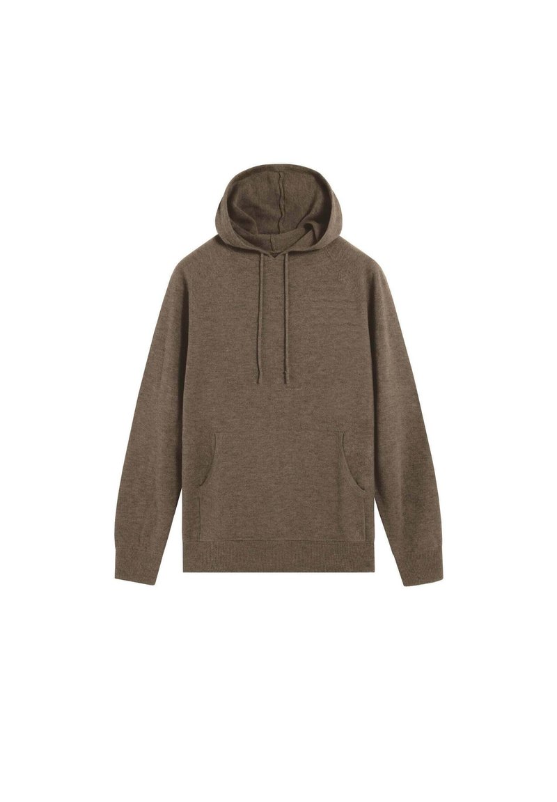 Sudadera marrón con capucha ajustable, mangas largas y bolsillos frontales. Fabricada en un tejido suave con puños y dobladillo acanalados. Diseño sencillo.