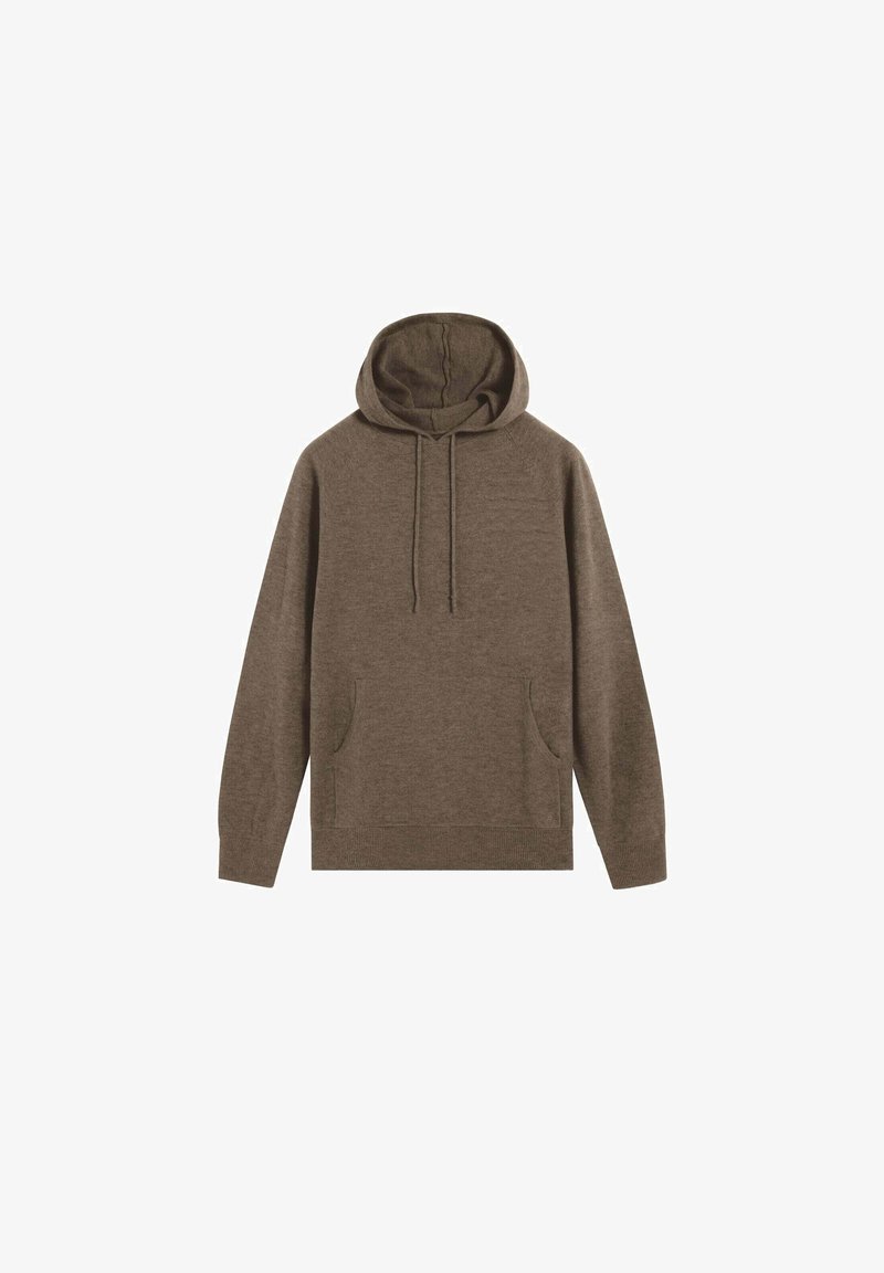 Haut à capuche marron avec cordon de serrage, manches longues et poches avant. Fabriqué en tissu doux avec des poignets et un ourlet côtelés. Design simple.