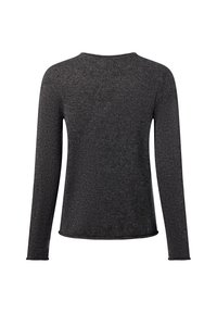 Haut à manches longues de couleur gris foncé, fabriqué en tissu tricoté texturé. Doté d'un col rond et d'un ourlet droit, sans motifs ni embellissements visibles.