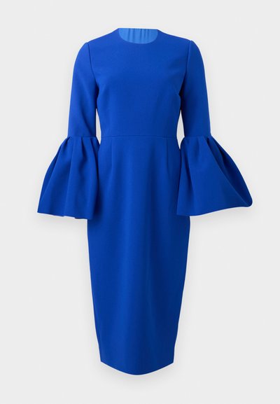 Μπλε μίντι φόρεμα με εφαρμοστή σιλουέτα, στρογγυλό ντεκολτέ και δραματικούς φαρδιούς μανσέτες καμπάνα.