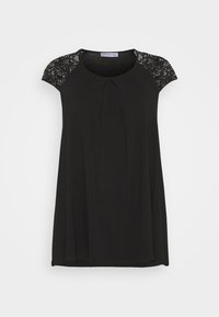 Top negro con mangas tipo campana, con detalles de encaje. Tejido suave, corte relajado con un detalle de pliegue central. Textura lisa y escote redondeado.