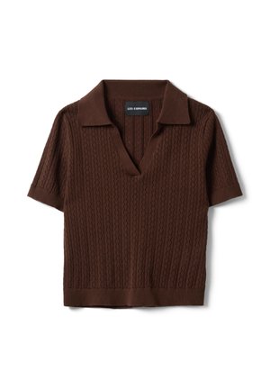Polo a maniche corte marrone in maglia con motivo a diamante testurizzato e colletto a V, con etichetta "LES COPAINS".