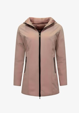 Lichtroze jas met een ritssluiting aan de voorkant, verstelbare capuchon en twee zwarte ritssluitzakken. Gemaakt van glad, waterbestendig materiaal. Lange mouwen.