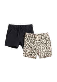 To sæt shorts: det ene ensfarvet sort med elastisk talje og lommer; det andet beige med brun leopardprint og snøre.