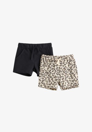 To sæt shorts: det ene ensfarvet sort med elastisk talje og lommer; det andet beige med brun leopardprint og snøre.