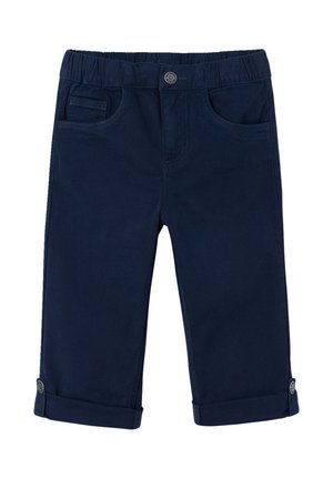 Navy blue toddler pants with elastic waistband, front button, rolled cuffs secured with buttons, and front pockets including a coin pocket.
