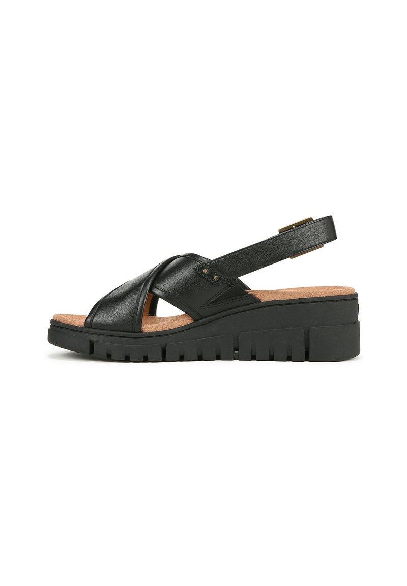 Sandal in pelle nera con design incrociato, soletta in sughero e suola in gomma spessa con scanalature per una migliore aderenza. Include una cinghia regolabile.