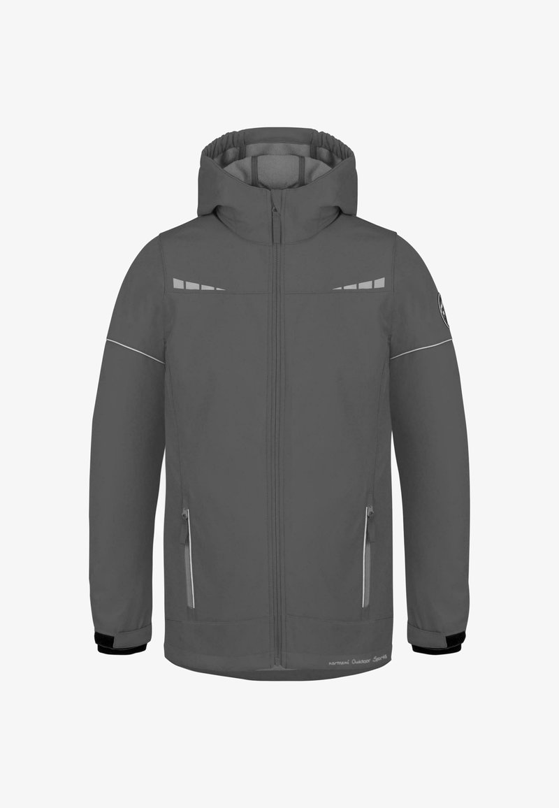 Graue Outdoorjacke mit Kapuze, vorderem Reißverschluss, zwei Reißverschlusstaschen, reflektierenden Akzenten und verstellbaren Bündchen. Weiche Textur insgesamt.