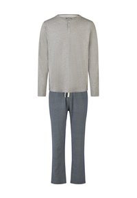 Heren tweedelig pyjama set met een grijze henley top met lange mouwen en blauwe joggingsbroek met koord.