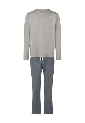 Ensemble de pyjama pour homme en deux pièces comprenant un haut henley gris à manches longues et un pantalon en tricot bleu avec cordon de serrage.