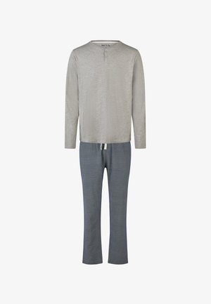 Heren tweedelig pyjama set met een grijze henley top met lange mouwen en blauwe joggingsbroek met koord.