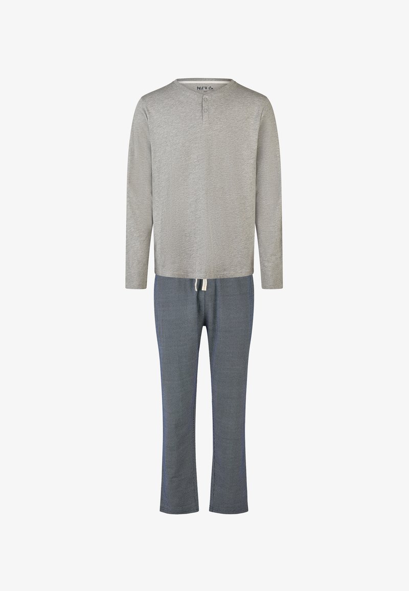 Heren tweedelig pyjama set met een grijze henley top met lange mouwen en blauwe joggingsbroek met koord.
