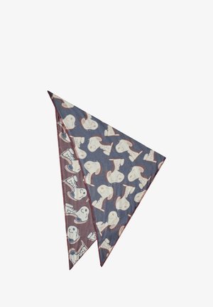 Sciarpa triangolare di cotone grigio-blu con motivi di animali in cartone animato ripetuti, con cuciture rosse in contrasto lungo i bordi.