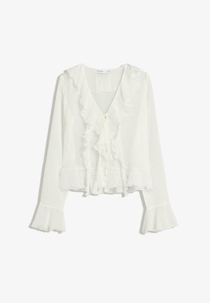 Witte blouse met lange mouwen en ruches langs de diepe V-hals, met een strikkoord aan de voorkant en uitlopende mouwen, gemaakt van lichtgewicht doorzichtige stof.