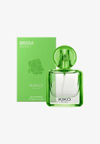 KIKO Milano Brera District-parfyme har en klar glassflaske med grønn kork og detaljer, sammen med en matchende grønn eske. 50 ml.