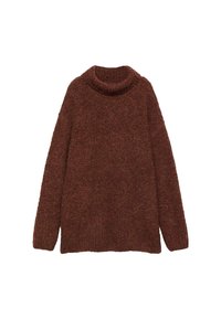 Brauner, flauschiger, langärmliger Rollkragenpullover aus weichem, strukturiertem Strick in lockerer Passform, auf einem weißen Hintergrund präsentiert.
