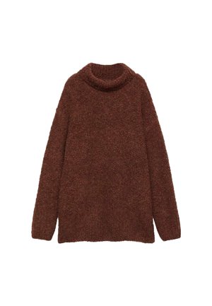 Brauner, flauschiger, langärmliger Rollkragenpullover aus weichem, strukturiertem Strick in lockerer Passform, auf einem weißen Hintergrund präsentiert.