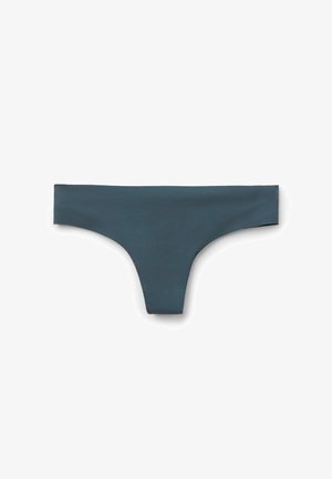 Dark blue thong underwear with a smooth texture, wide waistband, and minimal coverage. Features clean lines and simple design.