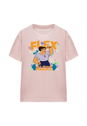 Light pink cotton t-shirt featuring a cartoon character flexing muscular arms. Text reads "FLEX ALERT" in bold orange, surrounded by colorful floral accents.