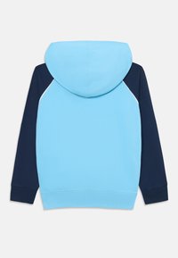 Felpa con cappuccio azzurro chiaro e maniche blu navy. Materiale in cotone, polsini e orlo a costine. Presenta piping bianco lungo le cuciture delle spalle.
