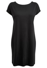 Robe noire à manches courtes en tissu léger. Présente un col arrondi et une silhouette fluide, avec une texture lisse.