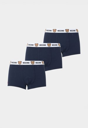 Trei boxeri bărbătești albastru marin cu talie elastică albă, cu logo Moschino și fețe de ursuleți de pluș.