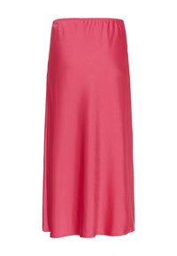 Falda midi de satén rosa con cintura elástica, textura suave y una silueta fluida, con dobladillo en la parte inferior para un acabado limpio.