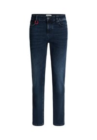Jeans in denim blu scuro con design a gamba dritta, tasche anteriori e un accento metallico rosso sul passante della cintura. Adatti per un abbigliamento casual.