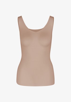 Beige seamless sleeveless shapewear tank top with wide straps and a smooth, fitted design.