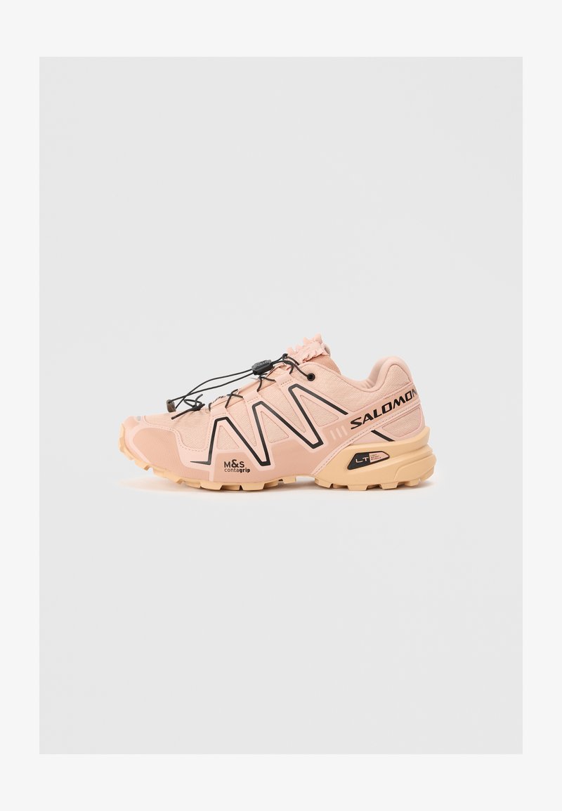 Light pink running shoe with a breathable mesh upper, black accents, quick-lace system, and a cushioned beige sole designed for traction.