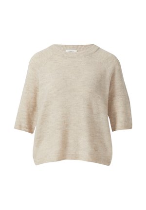 Beige gestrickter Pullover mit Rundhalsausschnitt, kurzen Raglanärmeln und lockerer Passform. Verfügt über eine weiche Textur und dezente Nähedetails.