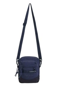 Borsa a spalla blu navy realizzata in tessuto resistente, con chiusura a zip, tracolla regolabile e numerose tasche frontali per riporre oggetti.
