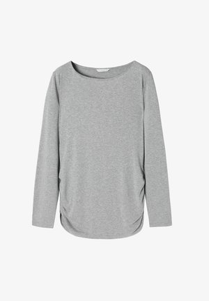 Dlhý rukáv šedé tričko s jemnou, hladkou textúrou, širokým výstrihom a zberanými detailmi na boku pre voľný strih.
