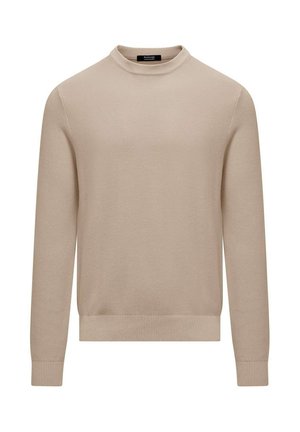 Maglione beige a maniche lunghe con texture a coste, scollo rotondo e polsini aderenti. Materiale liscio con un motivo sottile e uniforme.