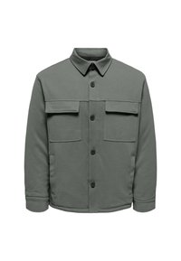 Green-gray button-up jacket with two flap chest pockets and side pockets, featuring a classic collar and long sleeves.