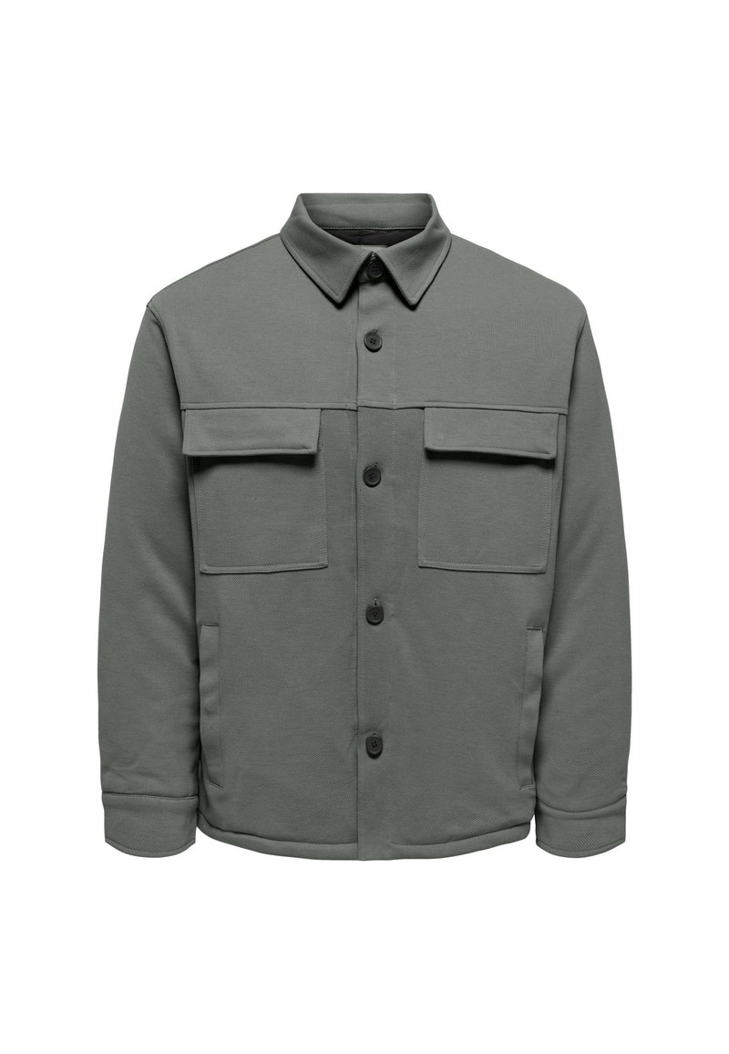 Green-gray button-up jacket with two flap chest pockets and side pockets, featuring a classic collar and long sleeves.