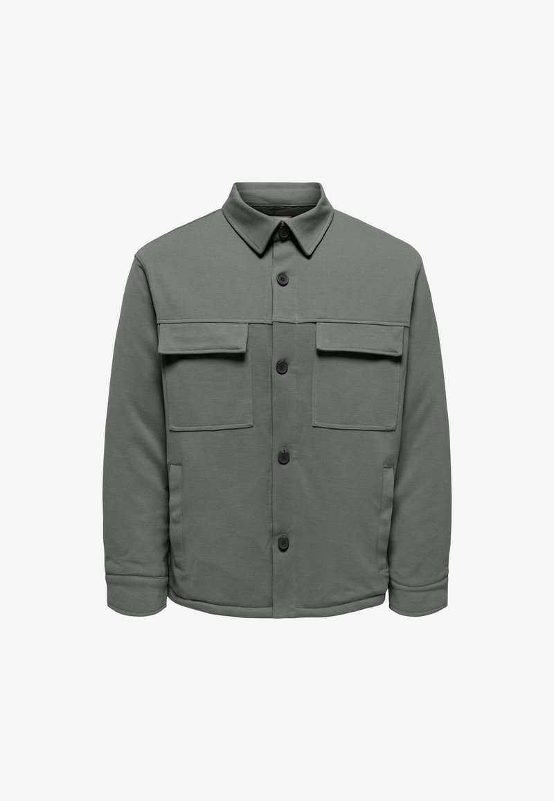 Green-gray button-up jacket with two flap chest pockets and side pockets, featuring a classic collar and long sleeves.
