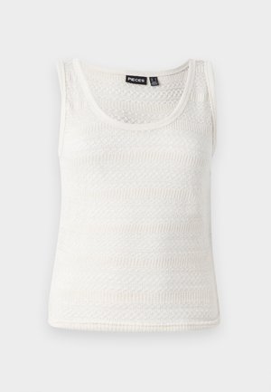 White knit tank top featuring a scoop neckline and textured pattern. Material is lightweight with a fine, soft finish.