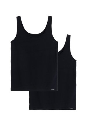 Dwa czarne bezrękawniki z okrągłym dekoltem, nałożone na siebie na białym tle. Mała metka "Atlantic" na dolnym brzegu.