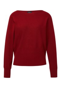 Roter gestrickter Pullover mit weitem Bootsausschnitt, langen Ärmeln und geripptem Saum. Glatte Textur mit lässiger Passform.