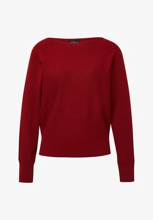 Roter gestrickter Pullover mit weitem Bootsausschnitt, langen Ärmeln und geripptem Saum. Glatte Textur mit lässiger Passform.