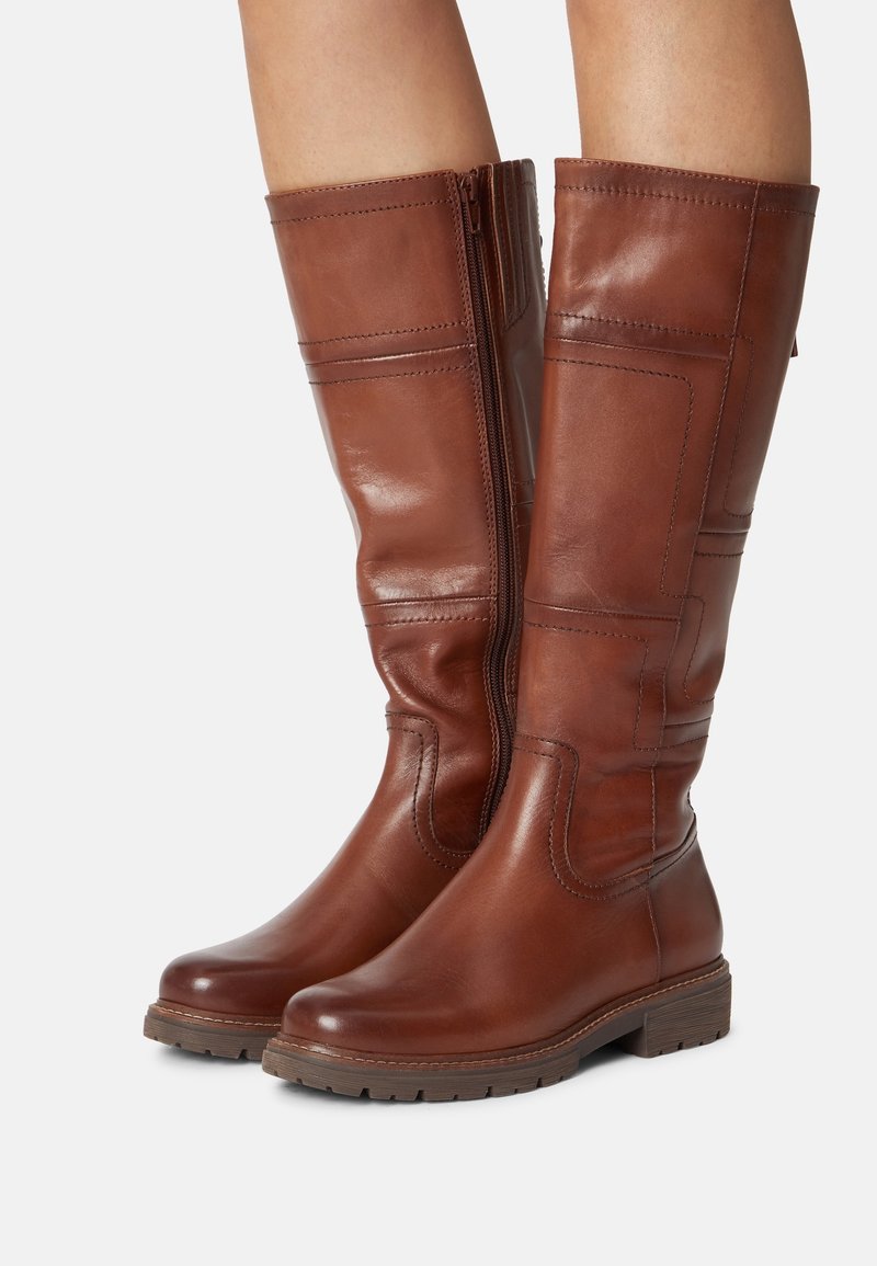 Bottes en cuir marron à hauteur de genou avec fermeture éclair sur le côté, couture décorative, orteils ronds et semelles épaisses en caoutchouc, portées sur des jambes nues.