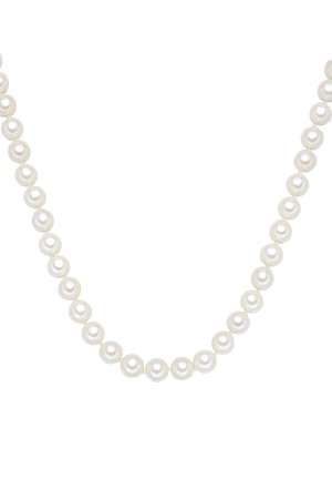 Classic white pearl necklace strung on a thin thread, featuring uniform round pearls with a smooth texture and subtle luster.